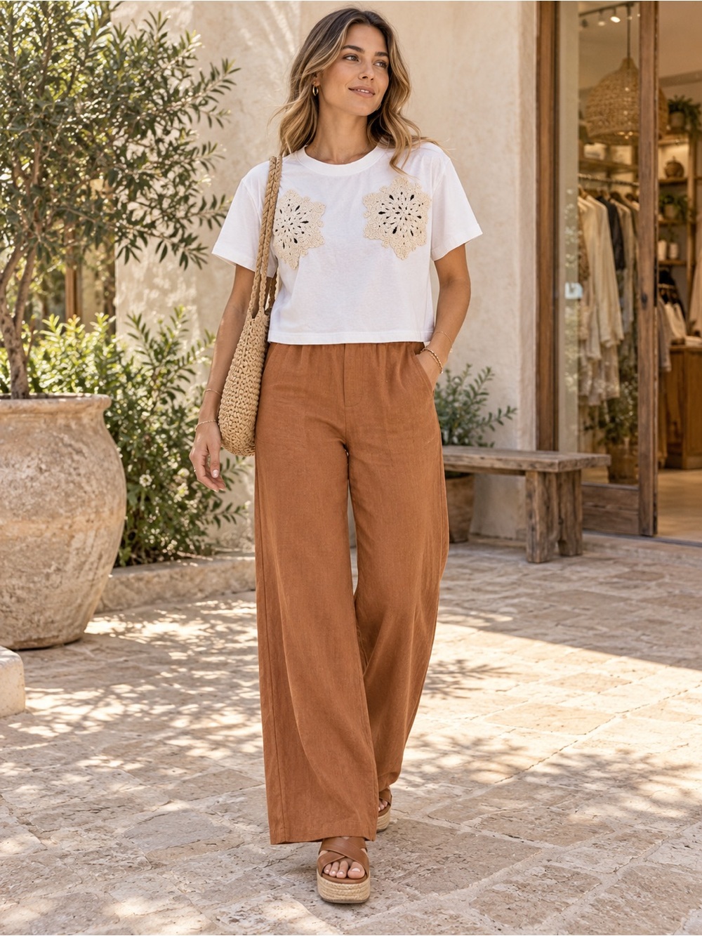 Cropped Tee with Crochet Appliqué in White